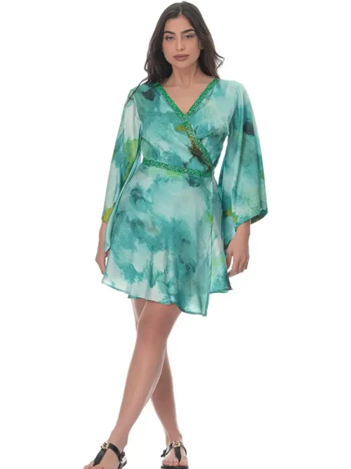 Wrap Mini dress in Emerald Print